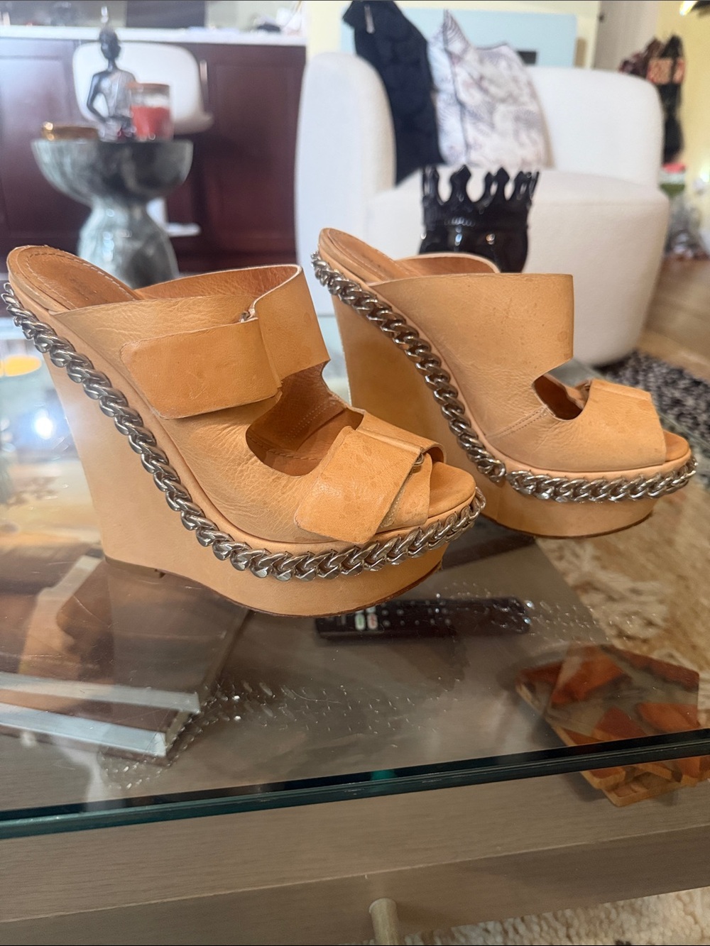 Tan Leather Slide Mules with Chain-Trim Platform